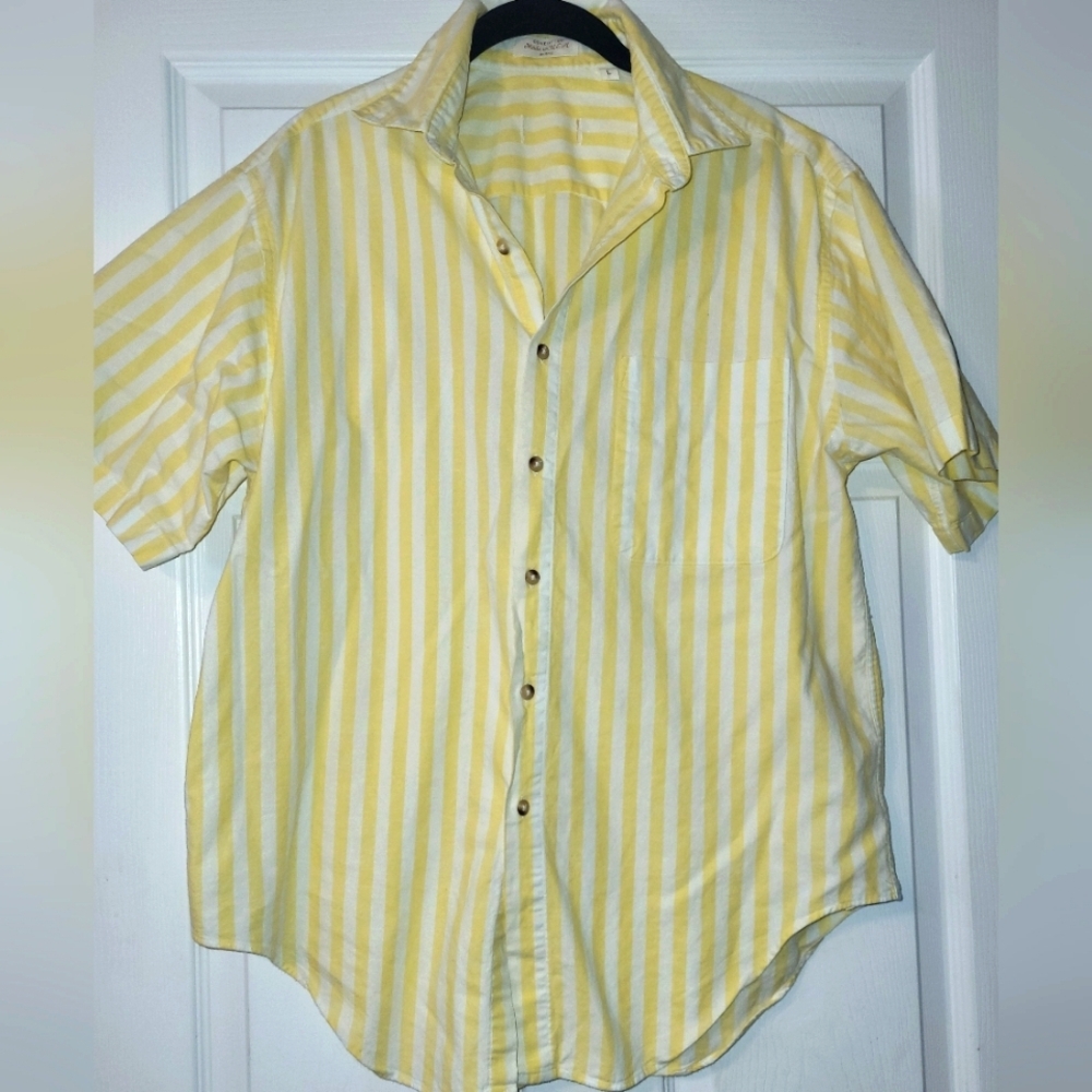 Women's Shirt Size Large Yellow White Stripe Made In USA 100% Cotton